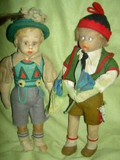 PAIR antique 1930, tagged LENCI miniature felt dolls, series 300/15 jointed legs