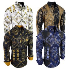 Mens Shirt Designer Italian Florals Gold Foil Overlay Stretch Slim Fit Button Up