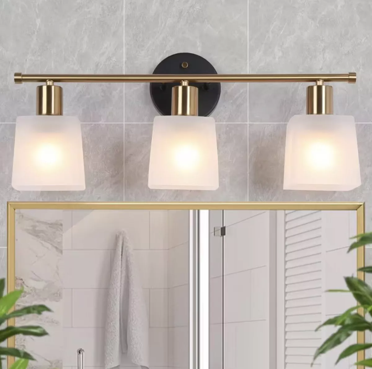 Uolfin Bathroom Vanity Light 3 light Black And Gold With Square Frosted Glass