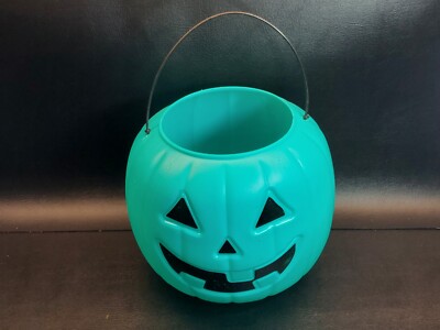 Amloid Teal Blowmold Halloween Jack O Lantern Pumpkin Pail Bucket Handle 8''