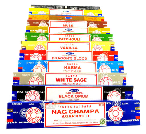 Bâtonnets d'encens kit économique 12 x Satya Nag Champa, parfums sélectionnés a 15 g, Agarbatti - Photo 1/10