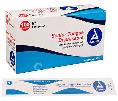 DYNAREX Wood Tongue Depressors Sterile Senior 6'' 100/BX Peel-Down Pouches New