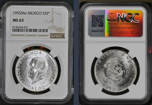 1955 Mo MEXICO SILVER 5 PESOS S5P HIDALGO NGC MS63 BRIGHT BU (As Pictured)