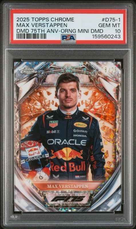 2025 TOPPS CHROME F1 MAX VERSTAPPEN ORANGE DIAMOND 75TH ANNIVERSARY /25 PSA 10