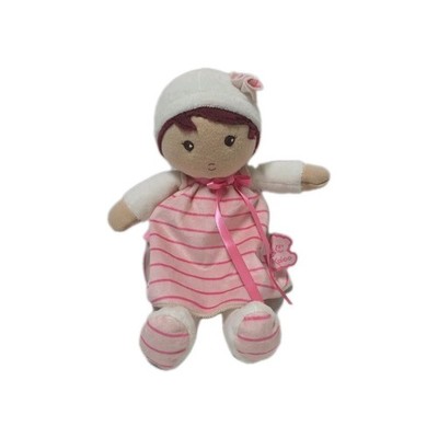 Kaloo Baby Doll Plush Pink Stripes Brunette Plush Stuffed Animal Mini 7'' H