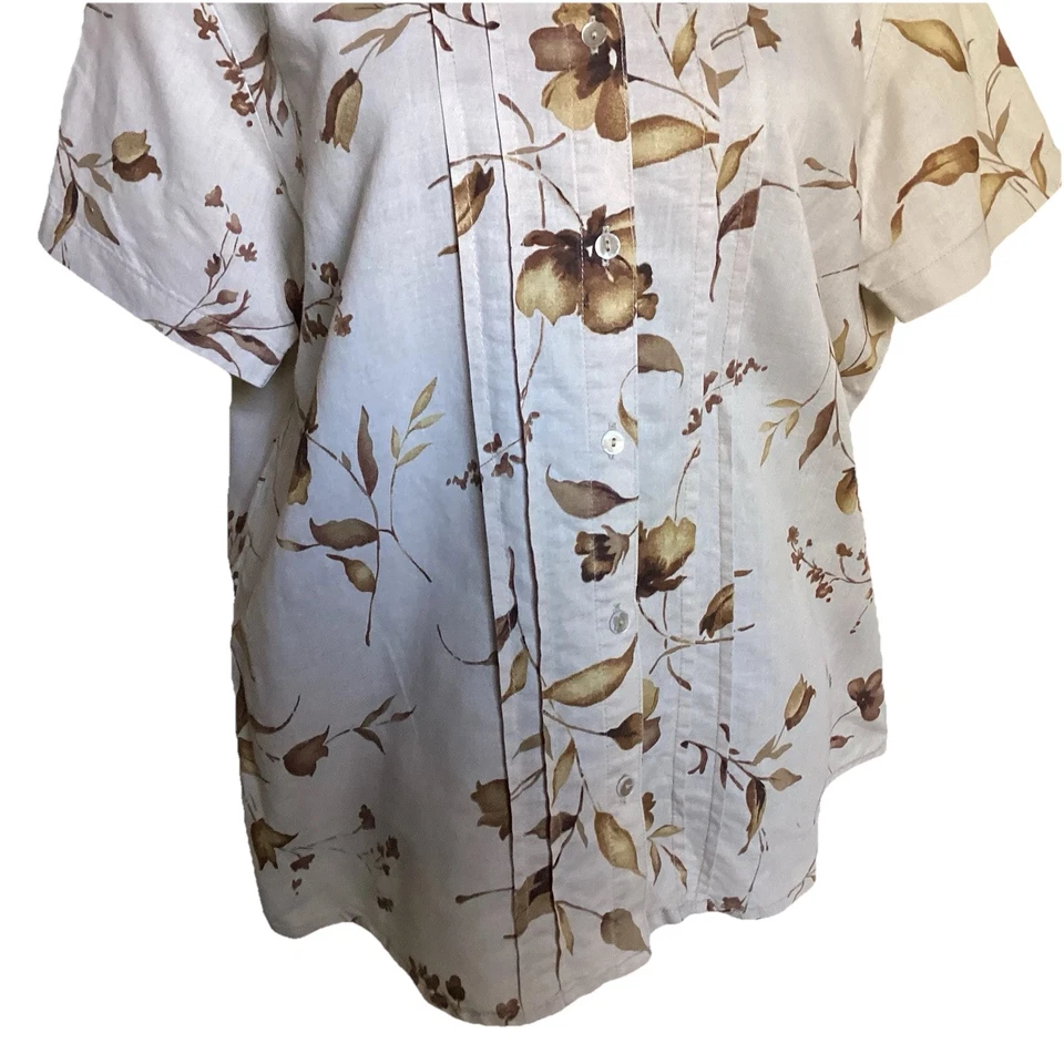 Kathy Ireland Vtg Floral Button Up Short Sleeve Shirt Women Pleated Tan Med - Image 3 of 4