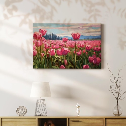 Canvas Artwork for Home Floral Pink Tulip Field Meadow Scenery Wall Hanging P... - Picture 3 of 9