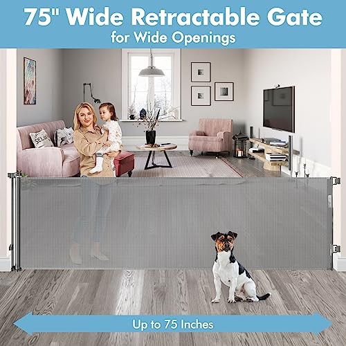 KISKIZ 75 INCH RETRACTABLE BABY DOG GATE WIDE EXTRA LARGE OPENINGS - GRAY