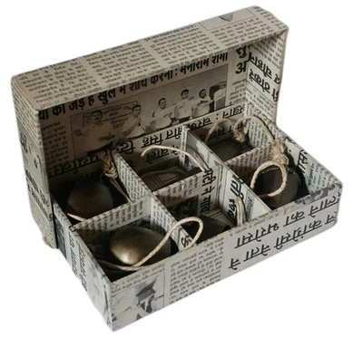 Indian Brass Bells in Upcycled Hindi Newspaper Box Handmade Haryana Vintage 2008 - Image 1 of 4