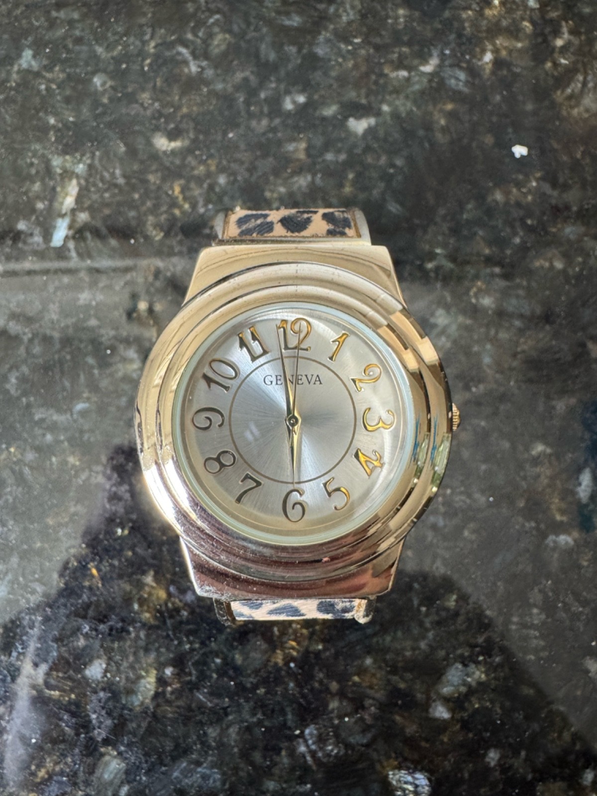 Vintage Geneva Women's Cuff Bangle Watch Gold Tone Sunburst Dial Animal Print