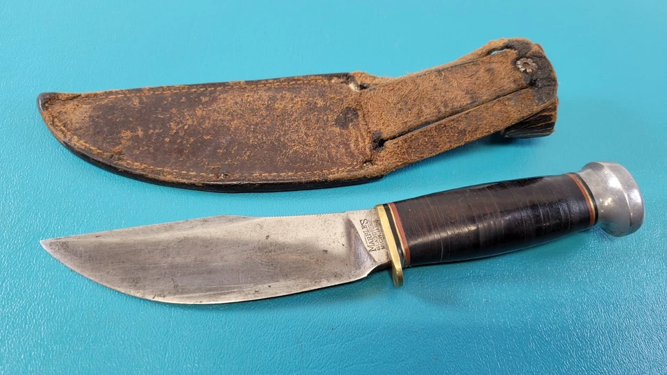 Antiguo cuchillo de caza Gladstone de mármol + funda de cuero 1916 pat. Fecha TR529 Foto 4 de 4