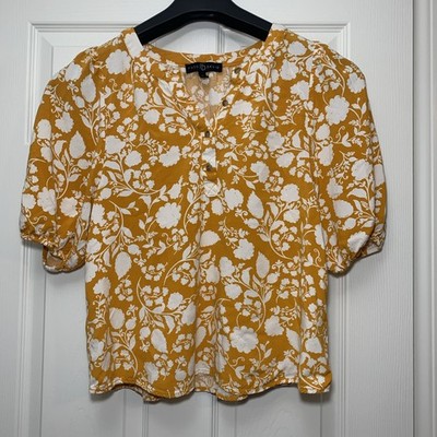Fred David Women s Yellow White Floral Puff Sleeve tunic Blouse Size S