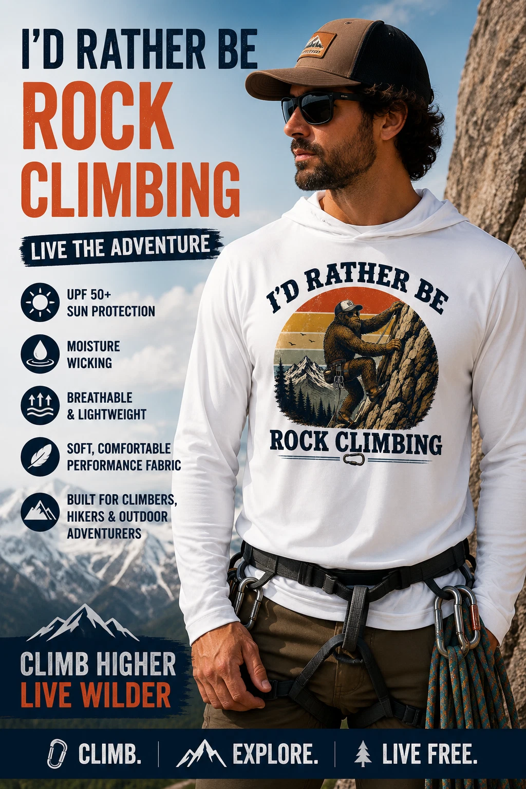 Rock Climbing Bigfoot Sasquatch Retro UV UPF 50 Long Sleeve T-Shirt Hoodie Gift