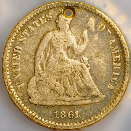 1861 US SEATED LIBERTY SILVER HALF 1/2 DIME 5c COIN Lovely Bronze/Gold Toner VF