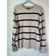 Tommy Hilfiger Striped Cotton Crewneck Sweater Large Tan Navy Classic