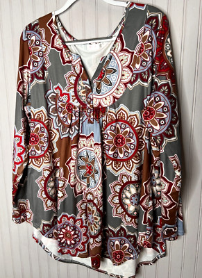 Halife Women TOP 3XL  Boho Chic Burgandy Gray Blue Floral Quality Designer