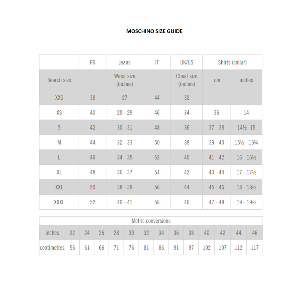 Moschino Sweater Size Chart