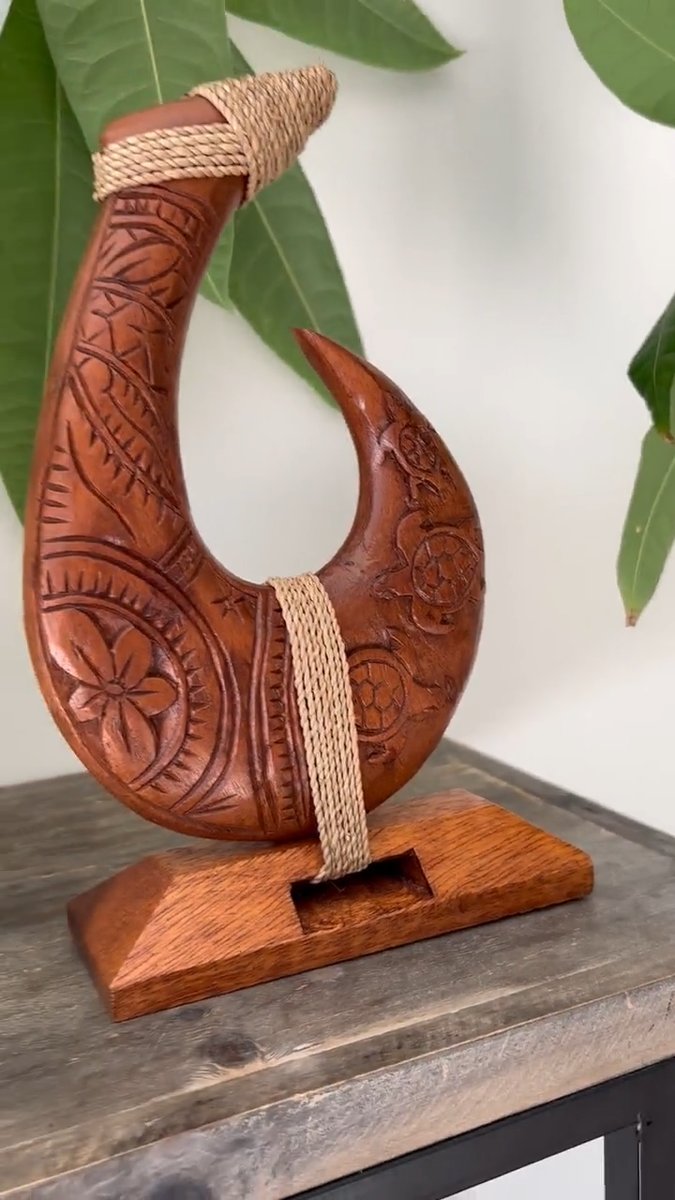 Hawaiian Hand Made Solid Wood Carved Fish Hook w/ Base Engraved