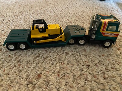 Vintage Buddy L Green Lowboy Truck, Trailer, and dozer