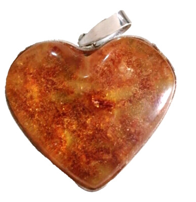 925 SILVER pendant, AMBAR HEART with FOSSILIZED MOSS, caramel color