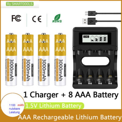 1-8x 1.5V AAA Akku li-ionen Battery 1100_1500(3000)mAh 2000x ladeb.m.4.2V Ladeg.