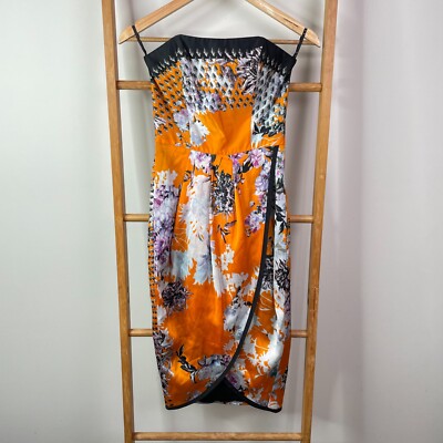 Sheike Tulip Dress Womens 6 Orange Floral Satin Strapless Sleeveless Midi Lined