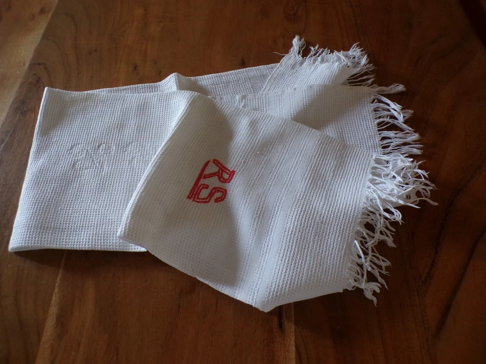 Linge ancien Serviette toilette nid d'abeille coton blanc liteaux   et franges - Photo 2/4