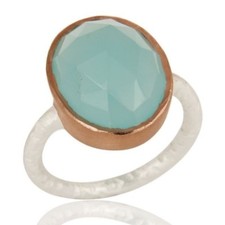 925 Sterling Silver Natural Aqua Blue Chalcedony Ring Rose Gold Plated Jewelry