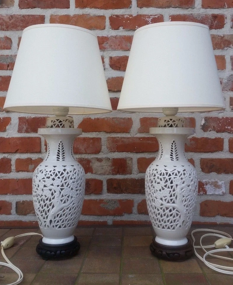 par de lámparas mediados de siglo porcelana ajouré chino vintage jarrón blanco Foto 4 de 4
