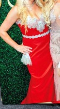 Custom Satin Red Beaded Embellished Evening Gown Detachable Train Skirt