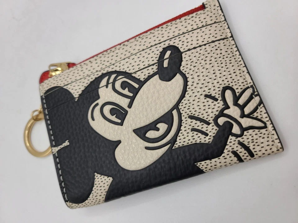 Auténtico COACH Cuero Guijarro Edición L Mickey Mouse Tarjeta con Cremallera/IDENTIFICACIÓN/Llavero Foto 3 de 4