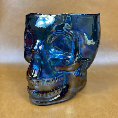 Iridescent Art Glass Skull Hand Blown Molded No Seam Heavy Teal/blue Has Pontil