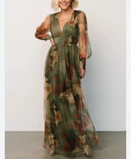 NWT Baltic Born Layla Tulle Maxi Dress Olive Rust Floral Boho MOG MOB Formal Lrg