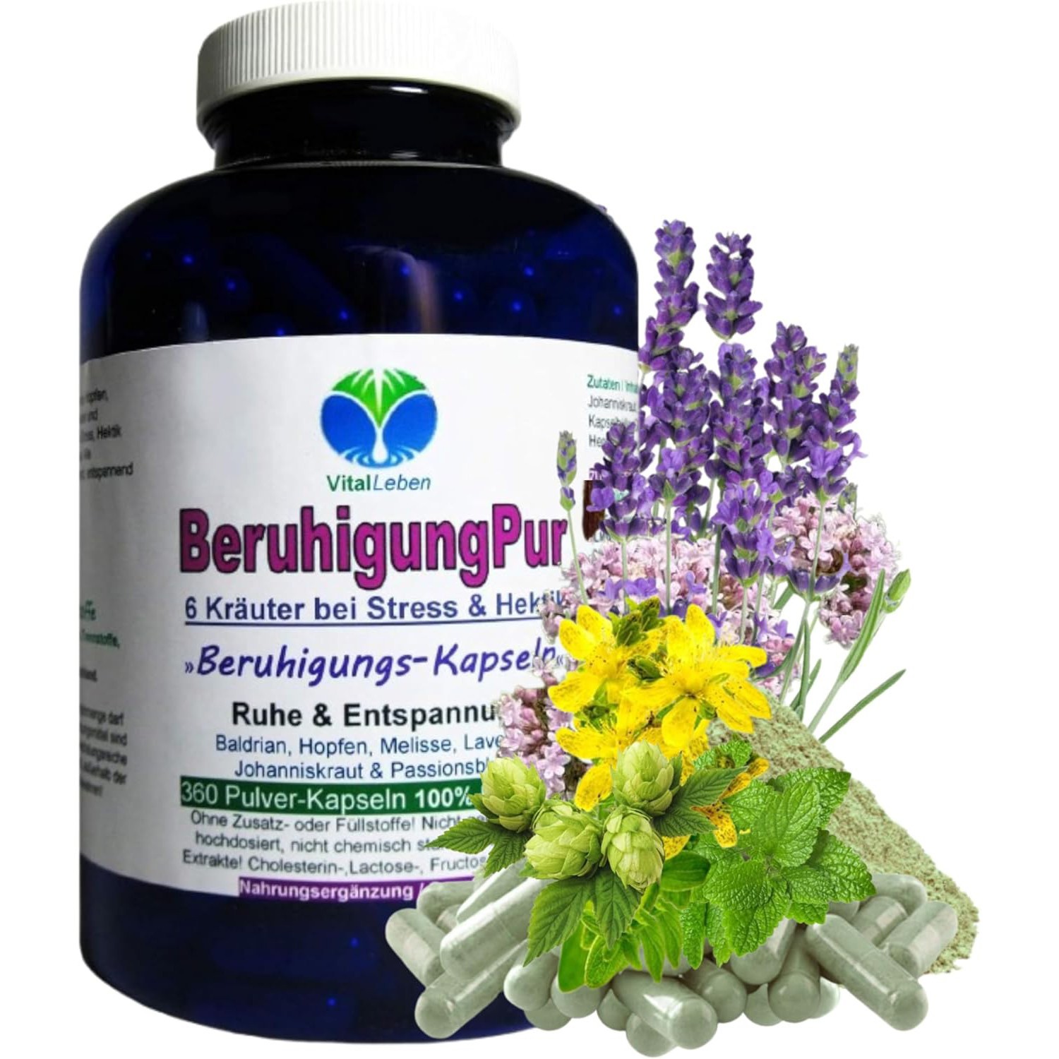 Beruhigung Pur 6 Kräuter bei Stress & Hektik 360 Pulver Kapseln. 26720-360