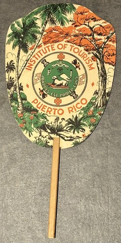 Vintage Hand Held Paper Fan Wooden Handle, Souvenir of Puerto Rico, Tropical 