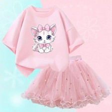 Cute Summer Girls Outfits Cartoon Cat T-shirt and Tutu Skirt 2pc/set Girl Prince