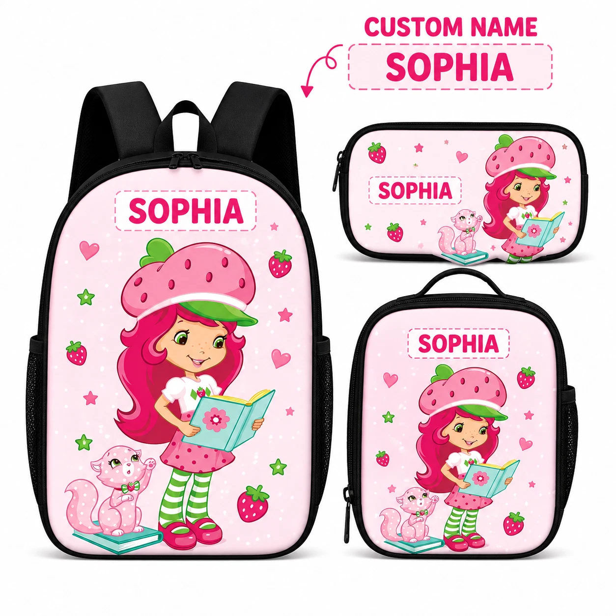 Personalized Strawberry Garden Backpack Set Custom Name School Bag & Lunch Bag