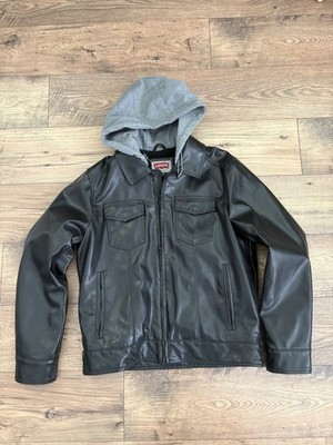 Levis Jacket Mens Medium Black Faux Leather Hooded Motorcycle Lined