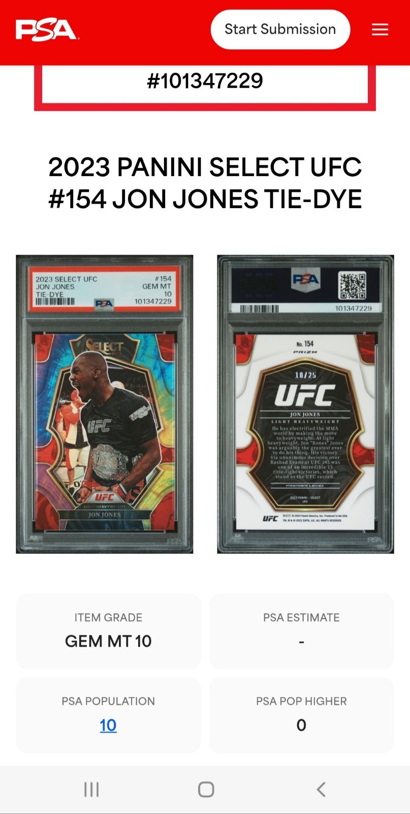 Panini 2023 Select UFC Jon Jones #154 Premier Level Tie-Dye Prizm /25 PSA 10 view 3