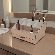 NEW! DELUXE MAKEUP ORGANIZER - MIRROR PANEL TIERED LARGE DRAWER COSMETIC DISPLAY