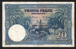 BELGIAN CONGO 10 8 1948 20 Francs P 15F Elephant VF