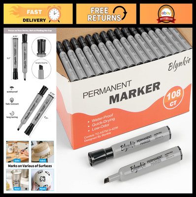 Bulk Jumbo Permanent Markers 108 Count - Black Chisel Tip, Quick-Drying, Waterpr