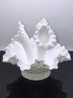 Fenton Hobnail Three Horn Epergne Milk Glass Flower Vase Bowl Vintage Excellent
