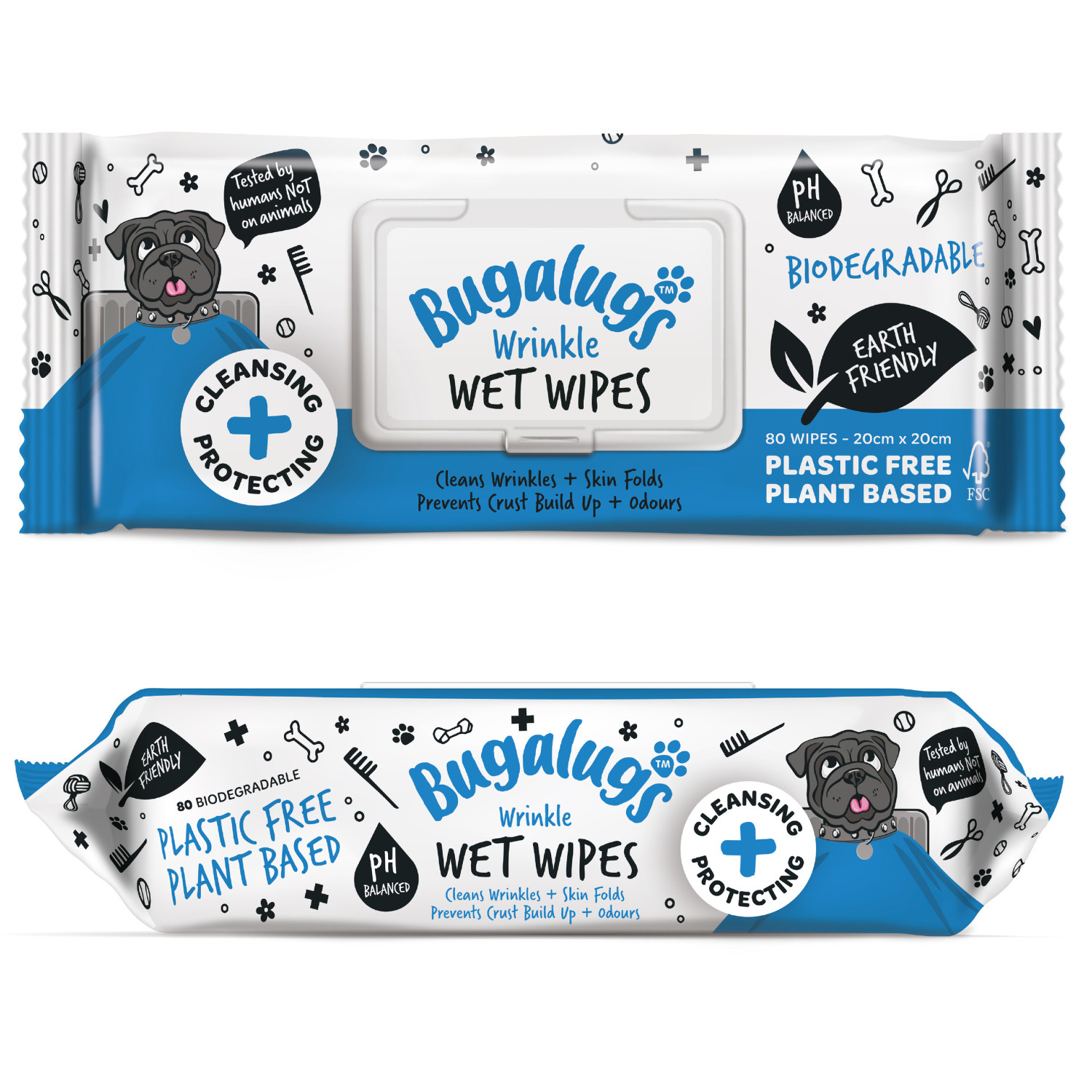 BUGALUGS Wrinkle Dog Wipes for pawly skin 80 Biodegradable pet grooming Large