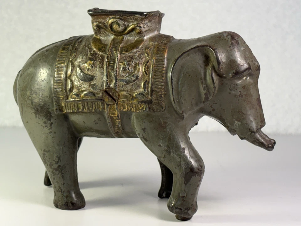 CIRICA 1900 ORIGINAL FERRO FUNDIDO CIRCO ELEFANTE BANCO DE MOEDAS VINTAGE DETALHES EM OURO  - Imagem 2 de 4