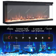 Image of 60 Inch Media Electric Fireplace Wall Recessed Inset Fire 3-Side Glass Panoramic