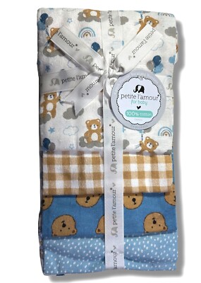 RECEIVING X4 - PETITE BOYS 243 - BEAR BLUE PLAID - BLANKETS COTTON 4 PACK BABY