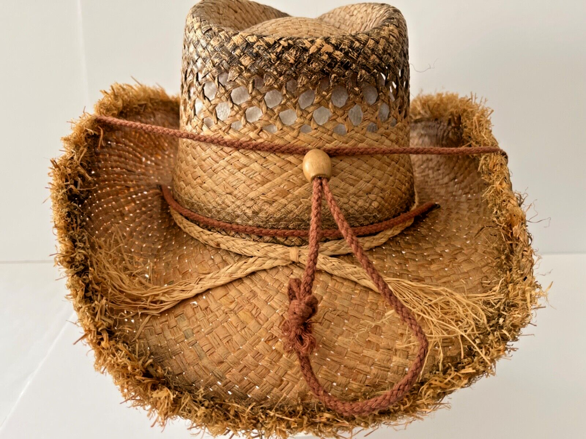 Raffia Straw Western Pinch Front Hat W/Wire Frayed Edge