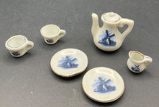 Vintage Blue White Miniature Ceramic Tea Set Windmill Pattern