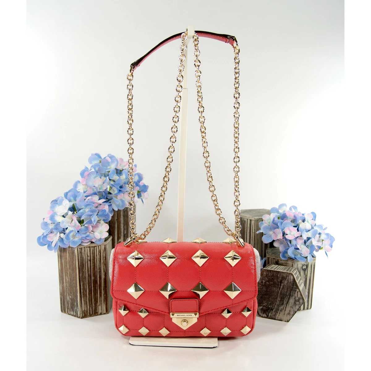 Michael Kors Soho Studded Quilted Sangria Glazed Leather Crossbody